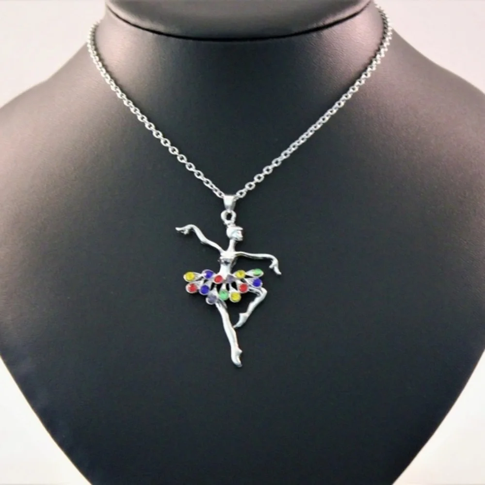 Silver Ballerina Pendant Necklace with Multicolor Crystal Skirt